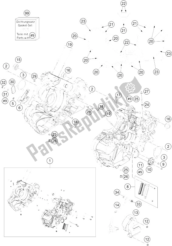 All parts for the Engine Case of the KTM 1050 Adventure ABS Europe 2016