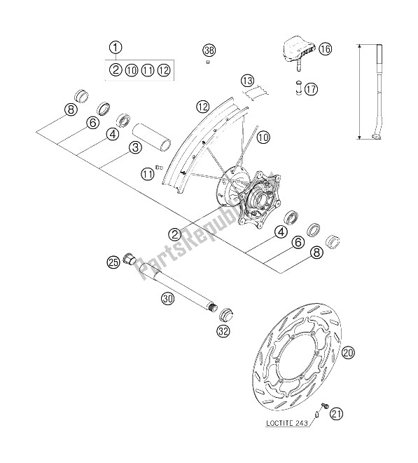 All parts for the Front Wheel of the KTM 640 Adventure R Australia 2001