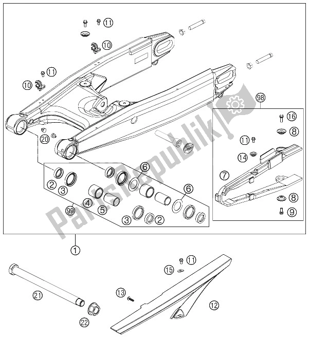 All parts for the Swing Arm of the KTM 990 SM T Black ABS Spec Edit Brazil 2011