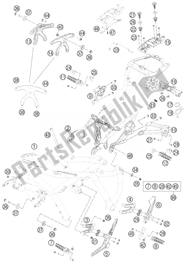 All parts for the Frame of the KTM 1190 RC8 R White USA 2014