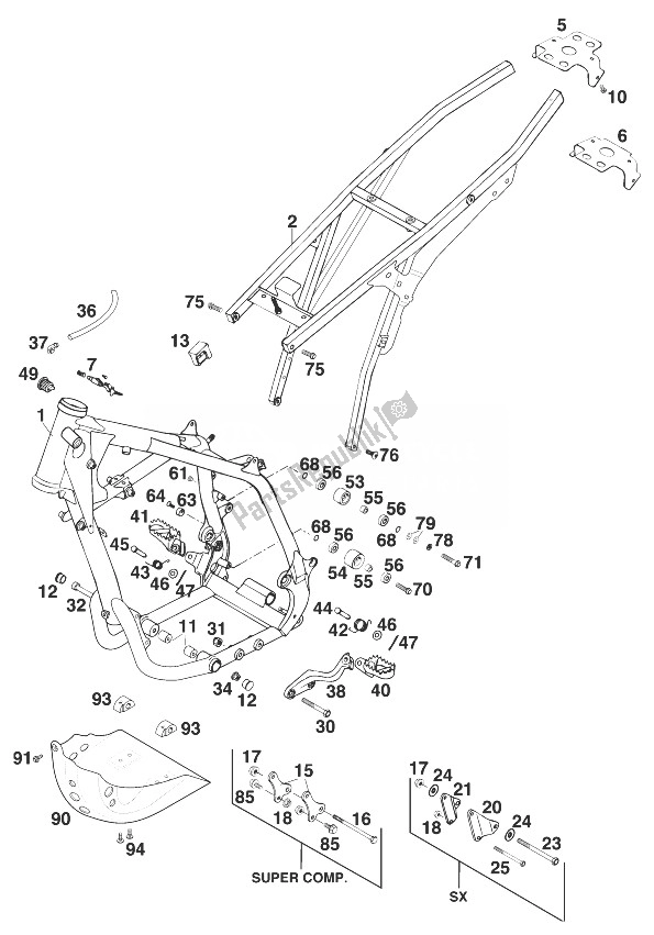 Tutte le parti per il Telaio, Lc4 Sx, Sc '98 del KTM 620 SUP Comp Europe 1998