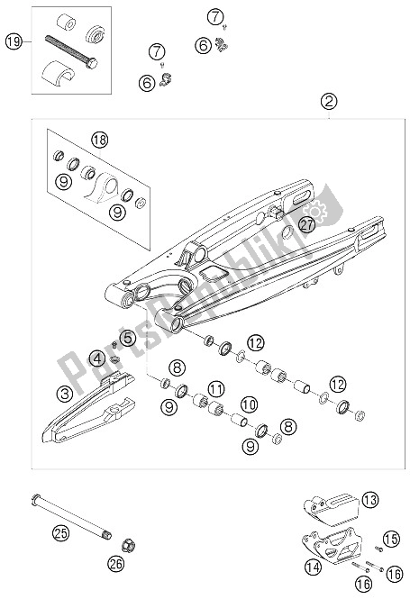 Alle onderdelen voor de Achterbrug van de KTM 125 SXS Europe 2006