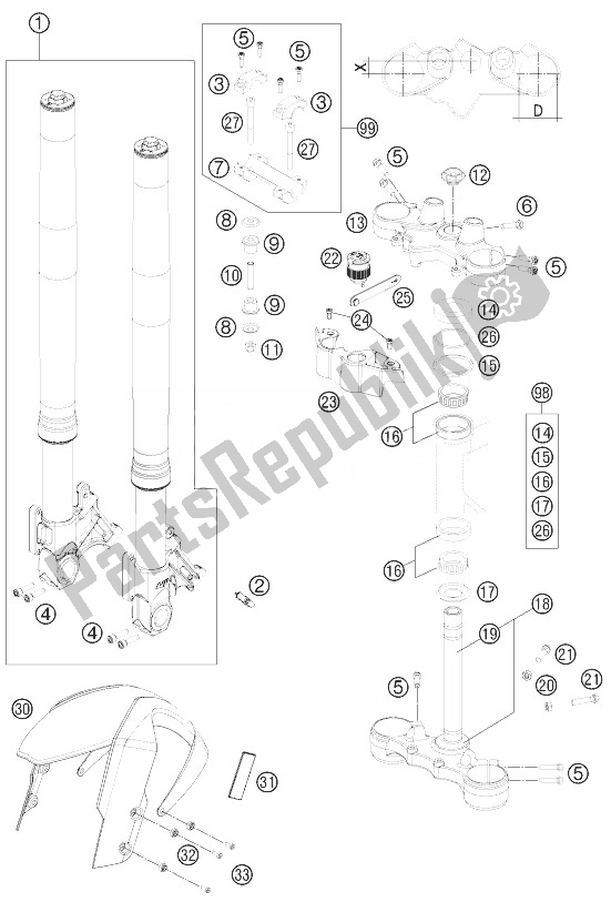 Wszystkie części do Przedni Widelec, Potrójny Zacisk KTM 990 Supermoto T Black ABS USA 2013
