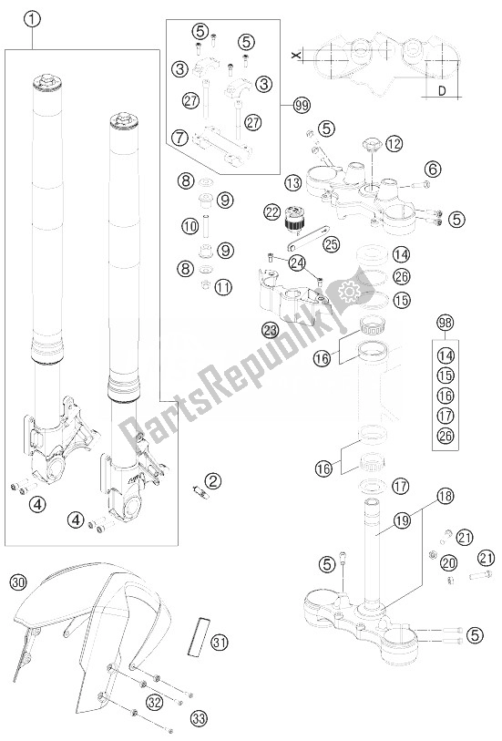 All parts for the Front Fork, Triple Clamp of the KTM 990 Supermoto T Black ABS USA 2013