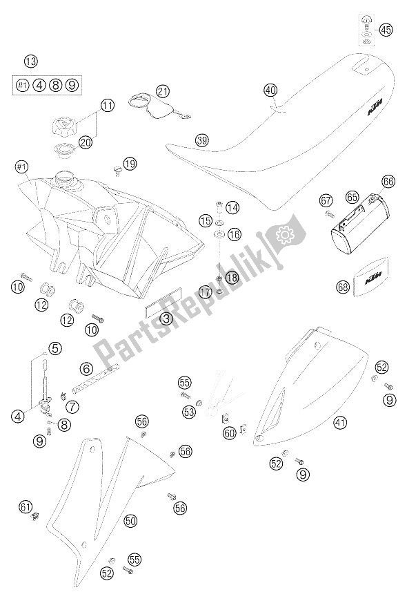 Todas las partes para Depósito - Asiento - Tapa 62 de KTM 625 SXC Europe 2005