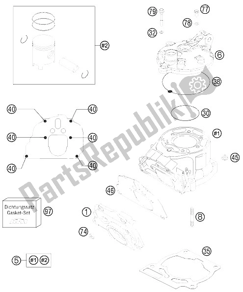 Alle onderdelen voor de Cilinder, Cilinderkop van de KTM 200 EXC Australia 2016