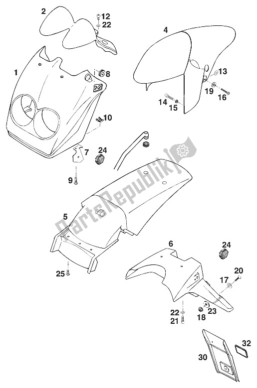 All parts for the Fenders, Cover Head Lamp '96 of the KTM 620 Duke 37 KW Europe 970061 1996