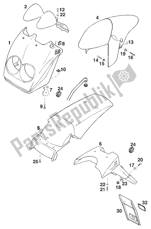 Alle onderdelen voor de Spatborden, Cover Koplamp '96 van de KTM 620 Duke 37 KW Europe 970061 1996