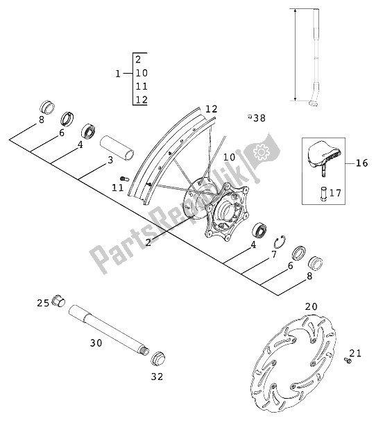 All parts for the Front Wheel 125-380 Sx 200 of the KTM 300 EXC SIX Days Europe 2001