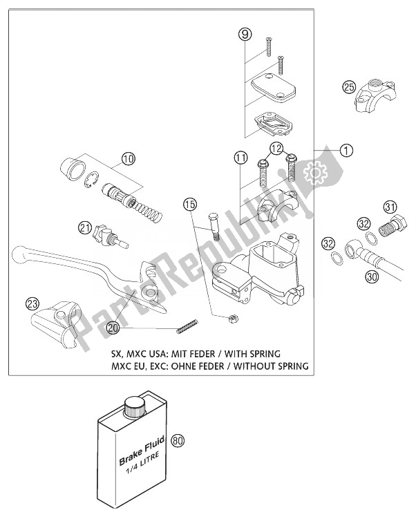 All parts for the Handbrake Cylinder Brembo of the KTM 250 EXC G Racing USA 2004