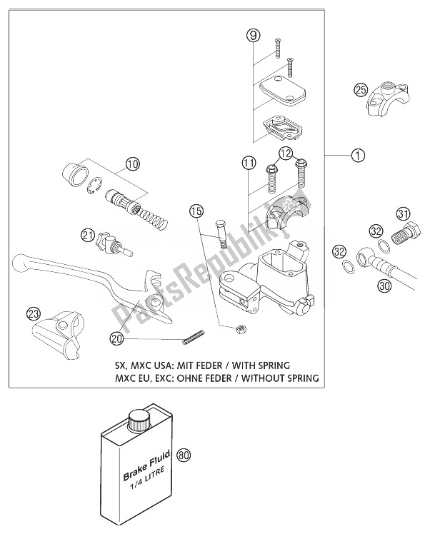 All parts for the Handbrake Cylinder Brembo of the KTM 250 EXC Racing Europe 2003