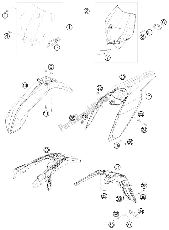 All parts for the Mask, Fenders of the KTM 200 EXC Europe 2008