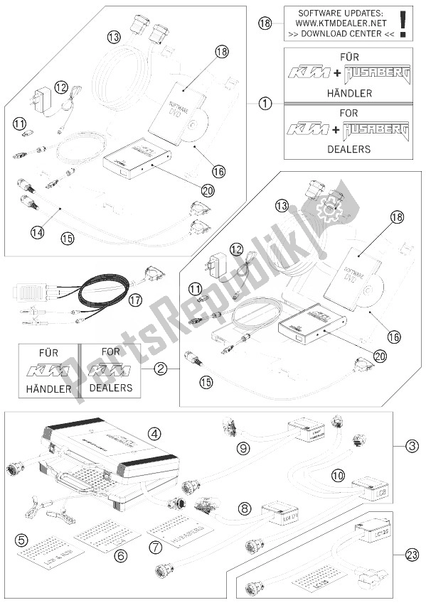 Alle onderdelen voor de Diagnostisch Hulpmiddel van de KTM 200 Duke White W O ABS CKD 14 Colombia 2014