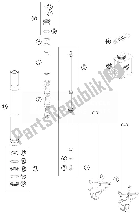 Alle onderdelen voor de Voorvork Gedemonteerd van de KTM 1190 RC8 R White Japan 2014
