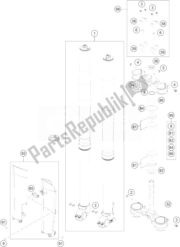 All parts for the Front Fork, Triple Clamp of the KTM 350 EXC F SIX Days Europe 2014