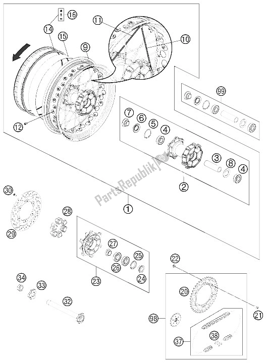 All parts for the Rear Wheel of the KTM 690 SMC R Australia United Kingdom 2012