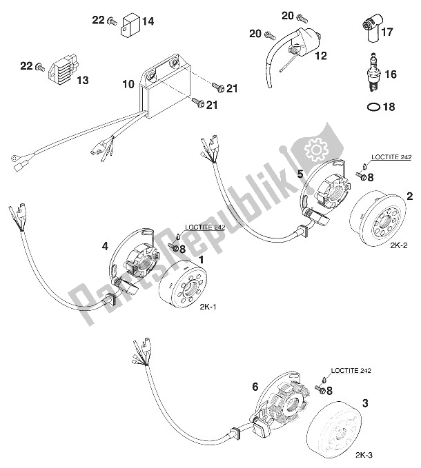 Toutes les pièces pour le Système D'allumage Kokusan 2k-1 / 2k2 / 2k du KTM 250 MXC USA 2000