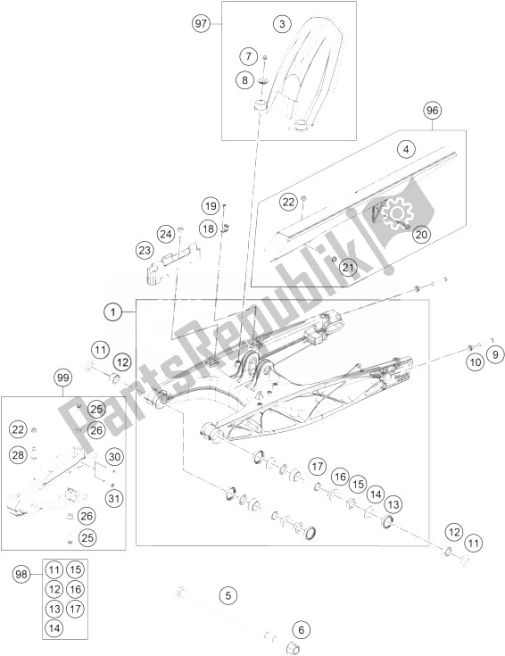 All parts for the Swing Arm of the KTM 390 Duke White ABS CKD 2014 Colombia 2013
