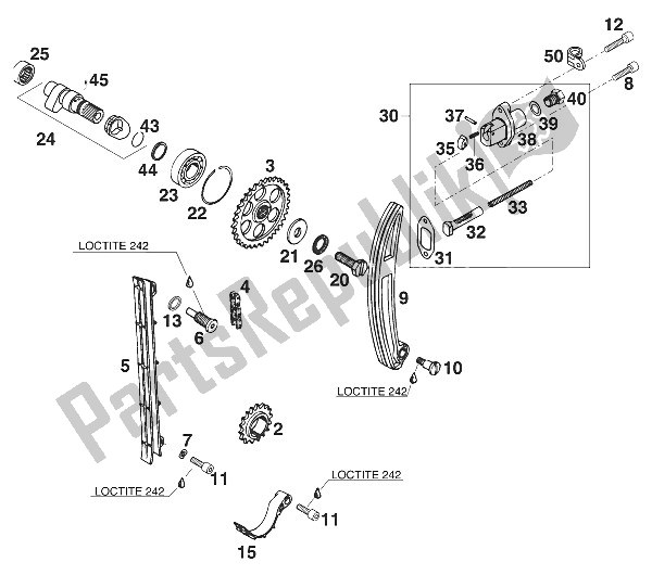 All parts for the Camshaft - Chain - Tensioner 400-620 Lc4-e '97 of the KTM 400 EGS E 25 KW 20 LT MIL Europe 1997