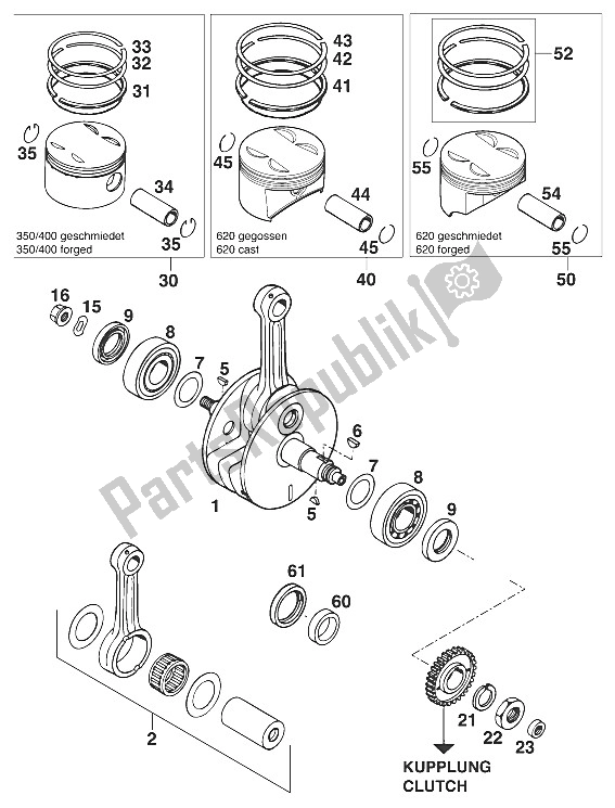 All parts for the Crankshaft - Piston 350-620'95 of the KTM 620 Super Comp WP 19 KW France 1995