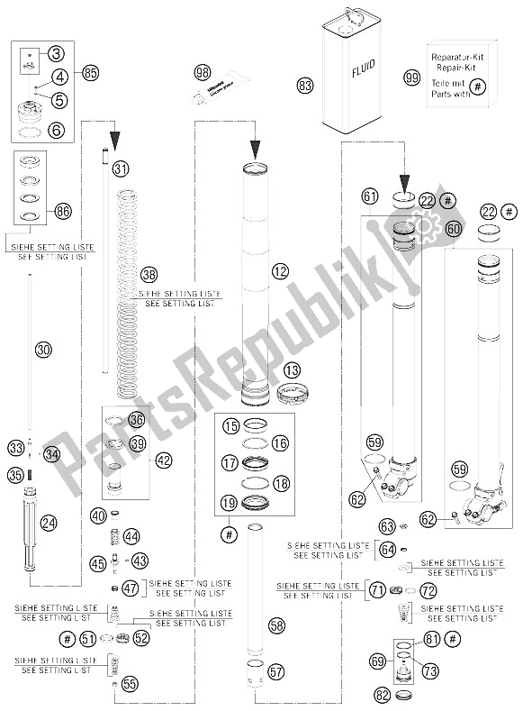 All parts for the Front Fork Disassembled of the KTM 450 EXC Europe 2012