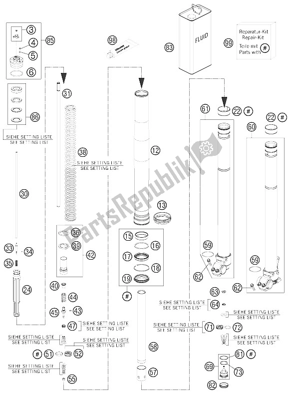 All parts for the Front Fork Disassembled of the KTM 450 XC W USA 2012