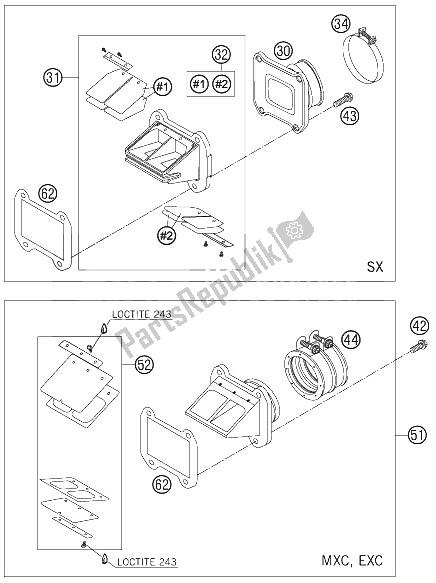 All parts for the Reed Valve Case 250/300 of the KTM 250 EXC USA 2005