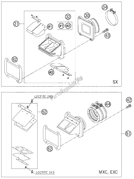 All parts for the Reed Valve Case 250/300 of the KTM 250 SXS Europe 2005