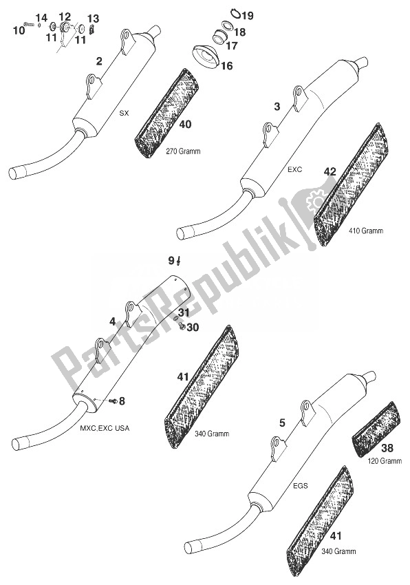 Tutte le parti per il Silenziatore 380 '99 del KTM 380 EXC Europe 1999