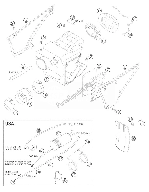 All parts for the Air Filter Box of the KTM 640 Adventure USA 2007