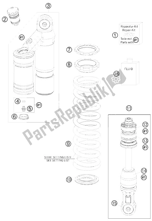 Alle onderdelen voor de Demper Gedemonteerd van de KTM 65 SX Europe 2011