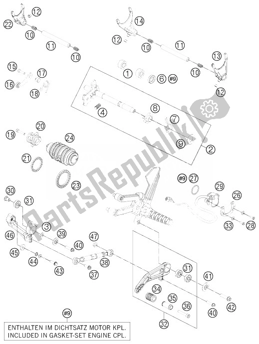 All parts for the Shifting Mechanism of the KTM 1190 RC8 R White USA 2014