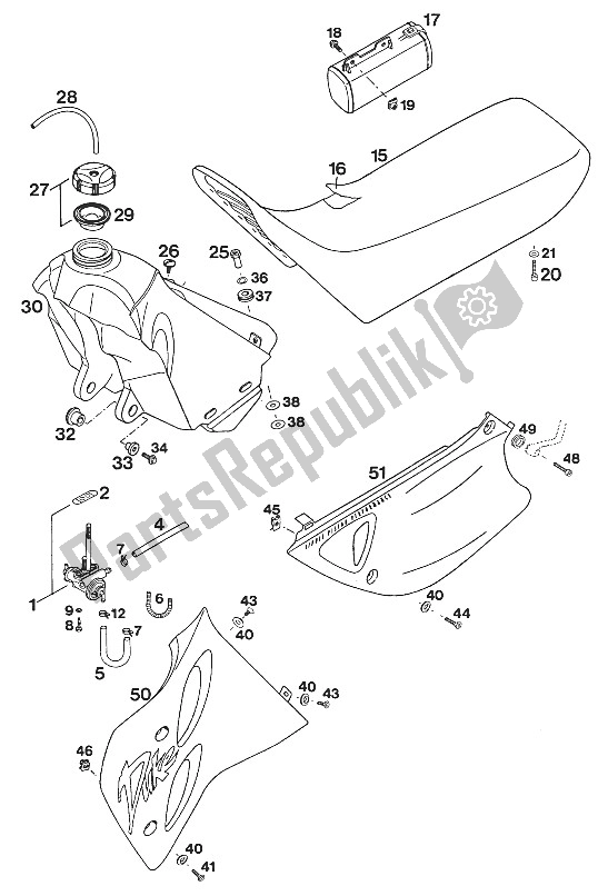 All parts for the Tank - Seat - Cover Duke'94 of the KTM 620 Duke 37 KW 94 Europe 1994