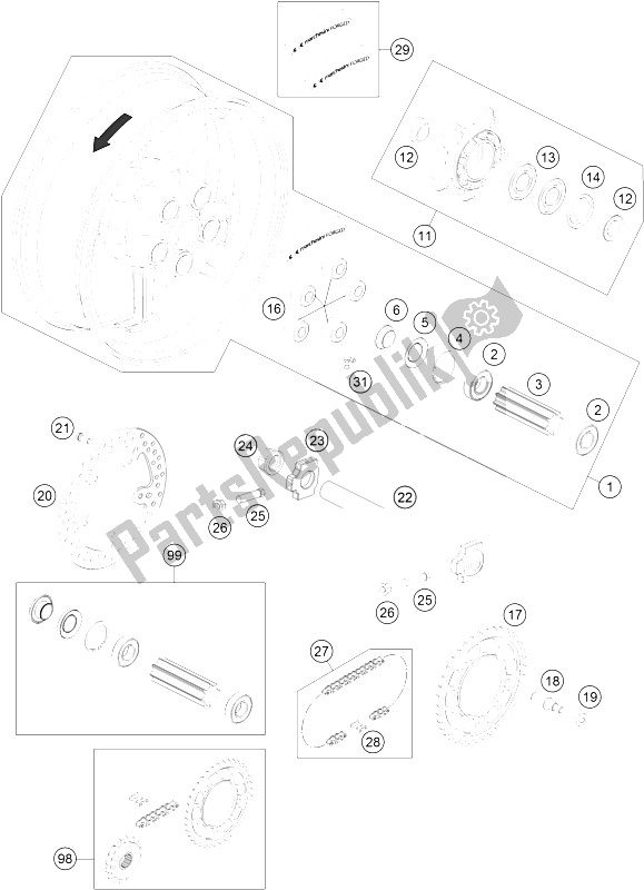 All parts for the Rear Wheel of the KTM 990 Supermoto R Australia United Kingdom 2012