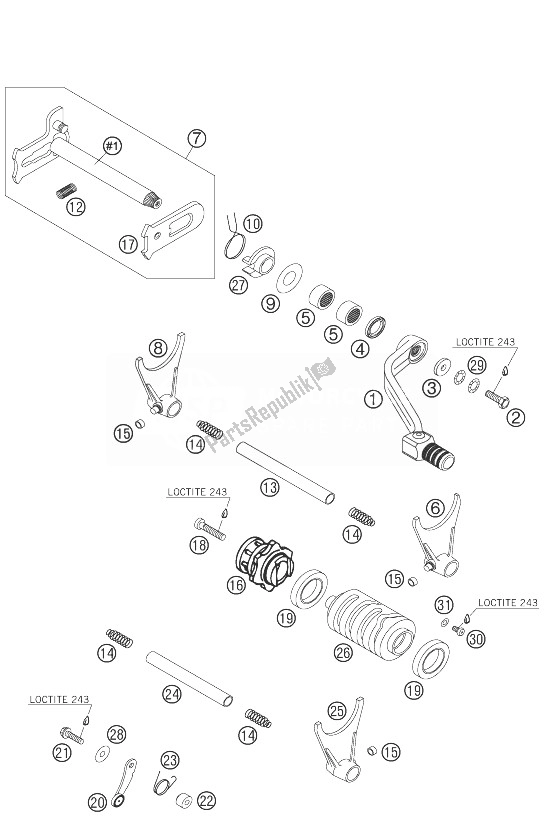 All parts for the Shifting Mechanism of the KTM 400 EXC Factory Racing Europe 2007