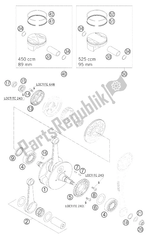 All parts for the Crankshaft - Piston 450/525 Ex of the KTM 450 EXC Factory Europe 2005