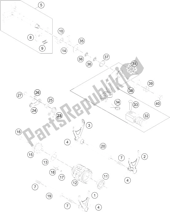 All parts for the Shifting Mechanism of the KTM 350 EXC F CKD Brazil 2015