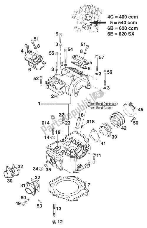 Todas as partes de Cabeça Do Cilindro 400-540 Lc4 '98 do KTM 400 SX 98 USA 1998