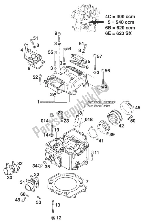 All parts for the Cylinder Head 400-540 Lc4 '98 of the KTM 400 SX C 20 KW Europe 1998