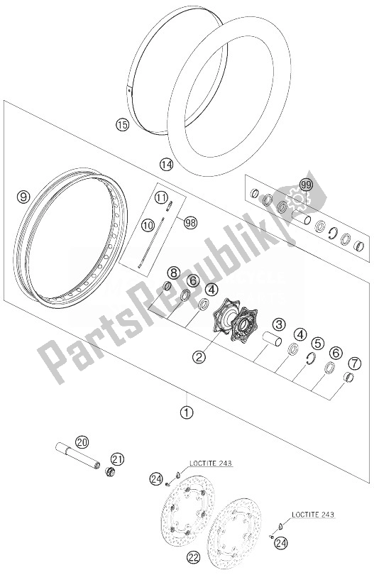 All parts for the Front Wheel of the KTM 990 Adventure S USA 2007