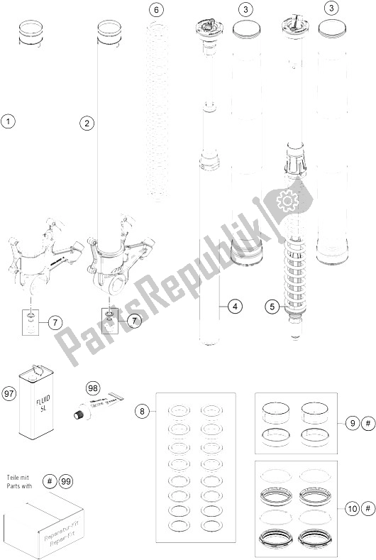 All parts for the Front Fork Disassembled of the KTM 1290 Super Duke GT Grey ABS 16 Japan 2016