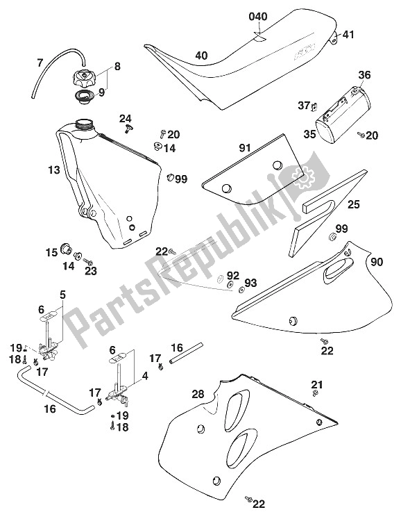 Todas las partes para Tanque - Asiento - Tapa Picadura '97 de KTM 125 Sting 100 97 Europe 1997