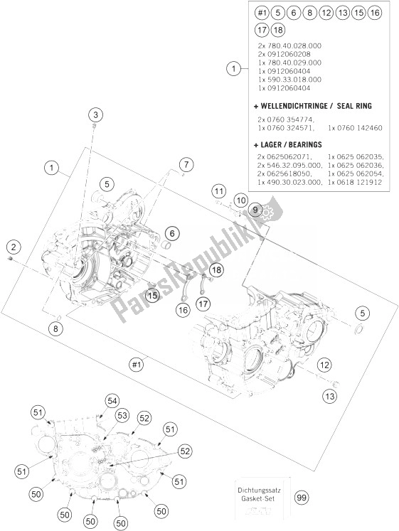 All parts for the Engine Case of the KTM 500 EXC Australia 2014