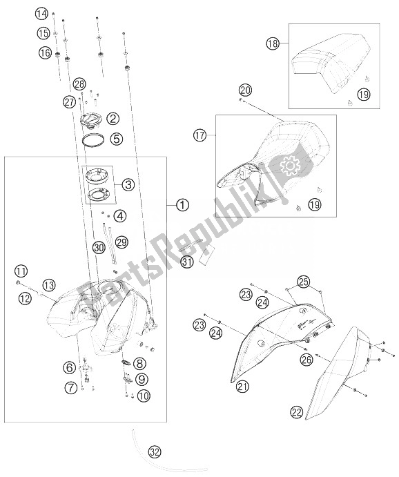 Alle onderdelen voor de Tank, Stoel, Deksel van de KTM 690 Duke Black ABS CKD Malaysia 2013