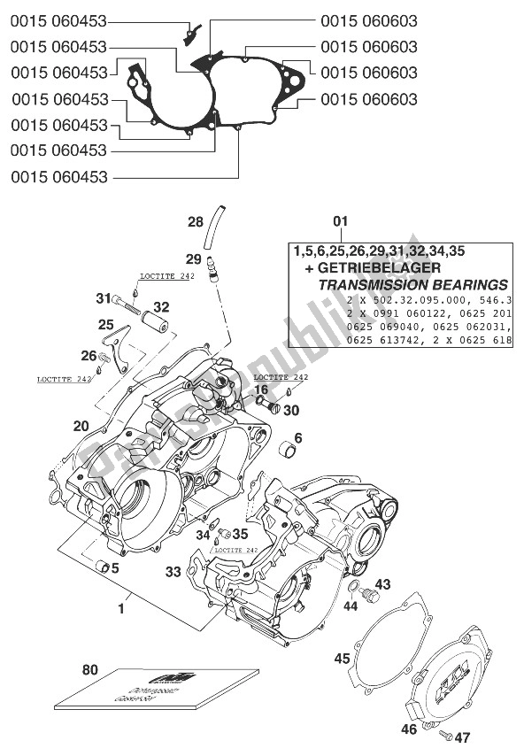 All parts for the Crankcase 250/300/380 '99 of the KTM 250 EGS 11 KW Europe 1999