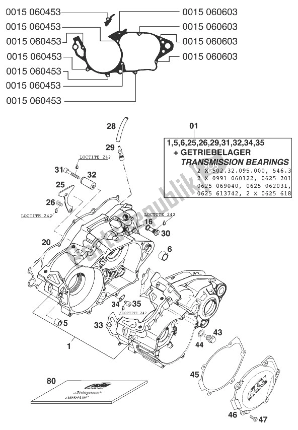 All parts for the Crankcase 250/300/380 '99 of the KTM 250 EGS 12 LT 11 KW Australia 1999