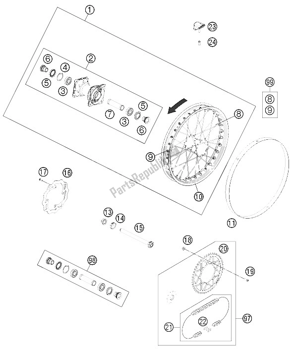 All parts for the Rear Wheel of the KTM Freeride 350 Europe 2015