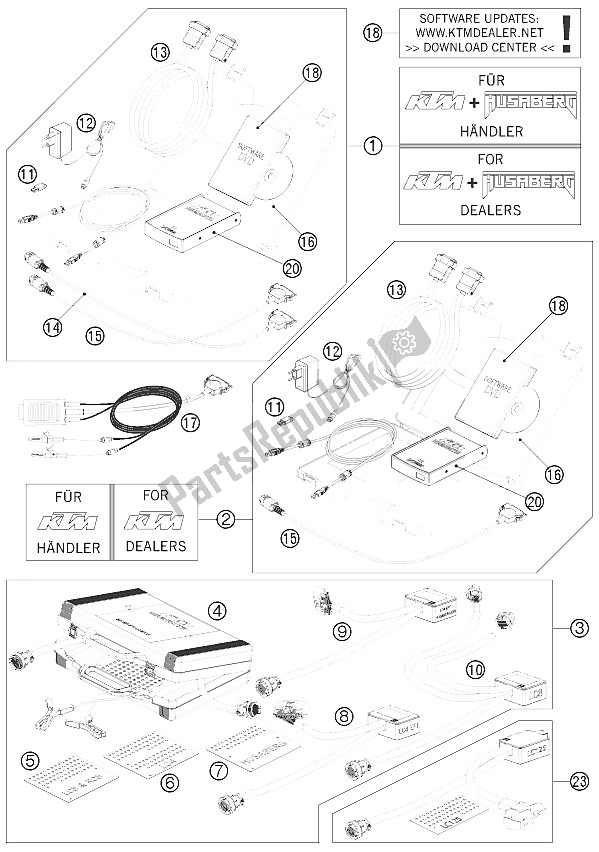 All parts for the Diagnostic Tool of the KTM 990 ADV White ABS Spec Edit Brazil 2011