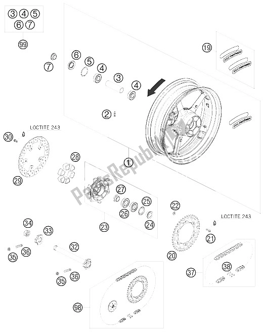 All parts for the Rear Wheel of the KTM 690 Duke Black USA 2009