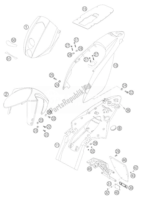 Tutte le parti per il Maschera, Parafanghi 640 Duca del KTM 640 Duke II Yellow Europe 2004